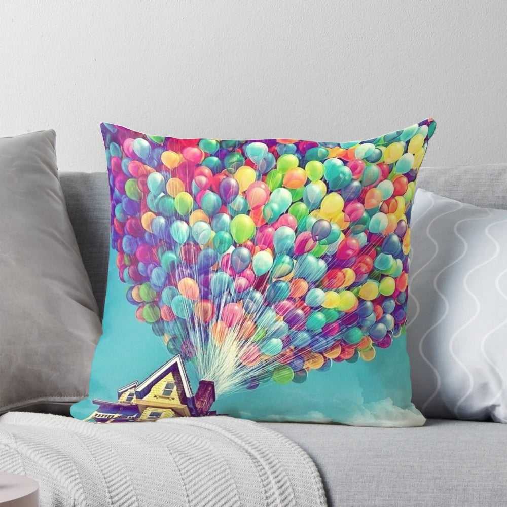 Whimsical "Up House" pillow with colorful balloons, capturing the spirit of the beloved Pixar film.
