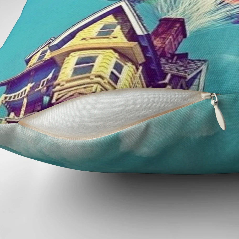 Whimsical "Up House" pillow with colorful balloons, capturing the spirit of the beloved Pixar film.