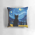 A decorative black cat pillow featuring Van Gogh's iconic Starry Night painting.