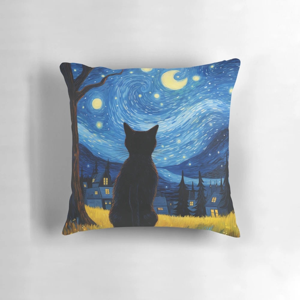 A decorative black cat pillow featuring Van Gogh's iconic Starry Night painting.