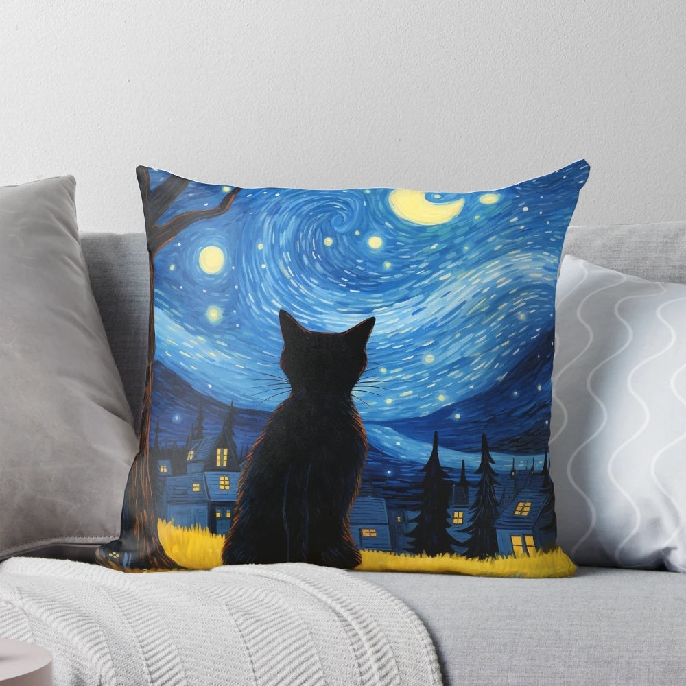 A decorative black cat pillow featuring Van Gogh's iconic Starry Night painting.