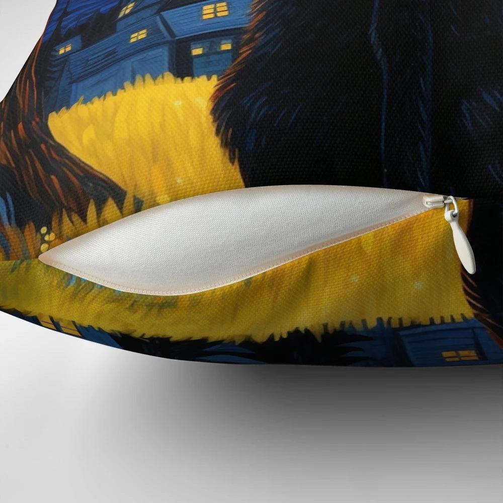 A decorative black cat pillow featuring Van Gogh's iconic Starry Night painting.