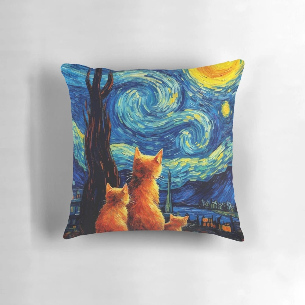 A vibrant pillow featuring a cat in the style of Van Gogh's "Starry Night" painting