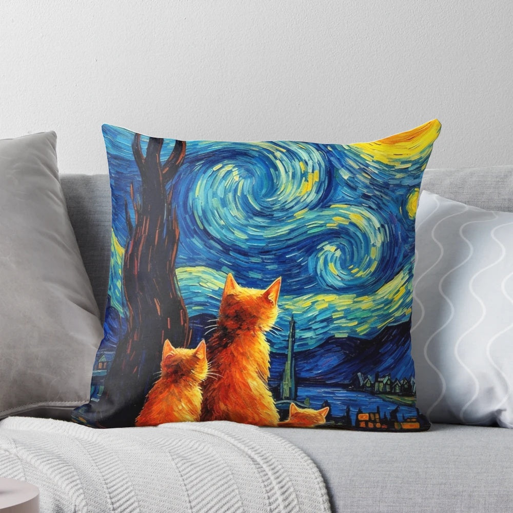 A vibrant pillow featuring a cat in the style of Van Gogh's "Starry Night" painting