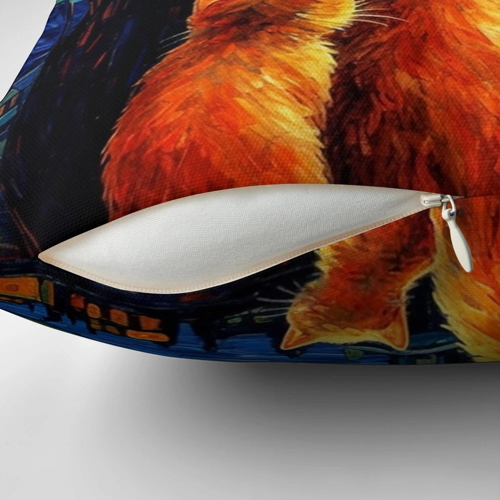 A vibrant pillow featuring a cat in the style of Van Gogh's "Starry Night" painting