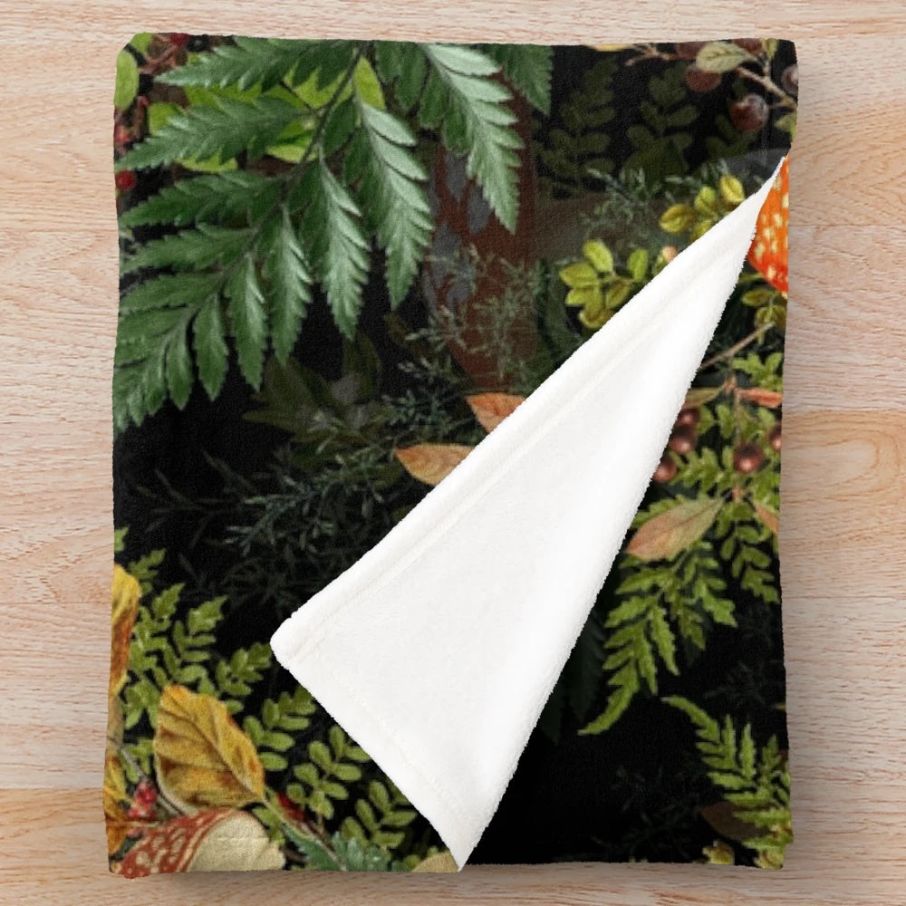Vintage botanical plush blanket featuring midnight toadstools in a forest setting