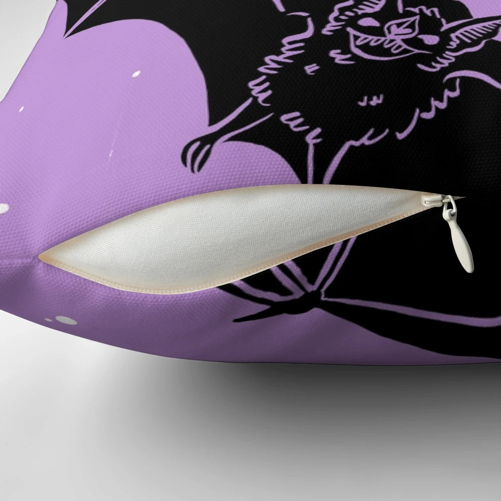 Violet pillow with a whimsical bat design, perfect for gothic and pastel goth home decor