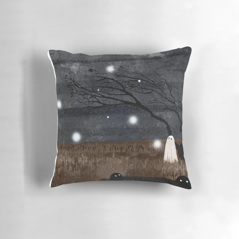 A mystical pillow featuring a ghost and wispy lights against a swampy, moonlit background