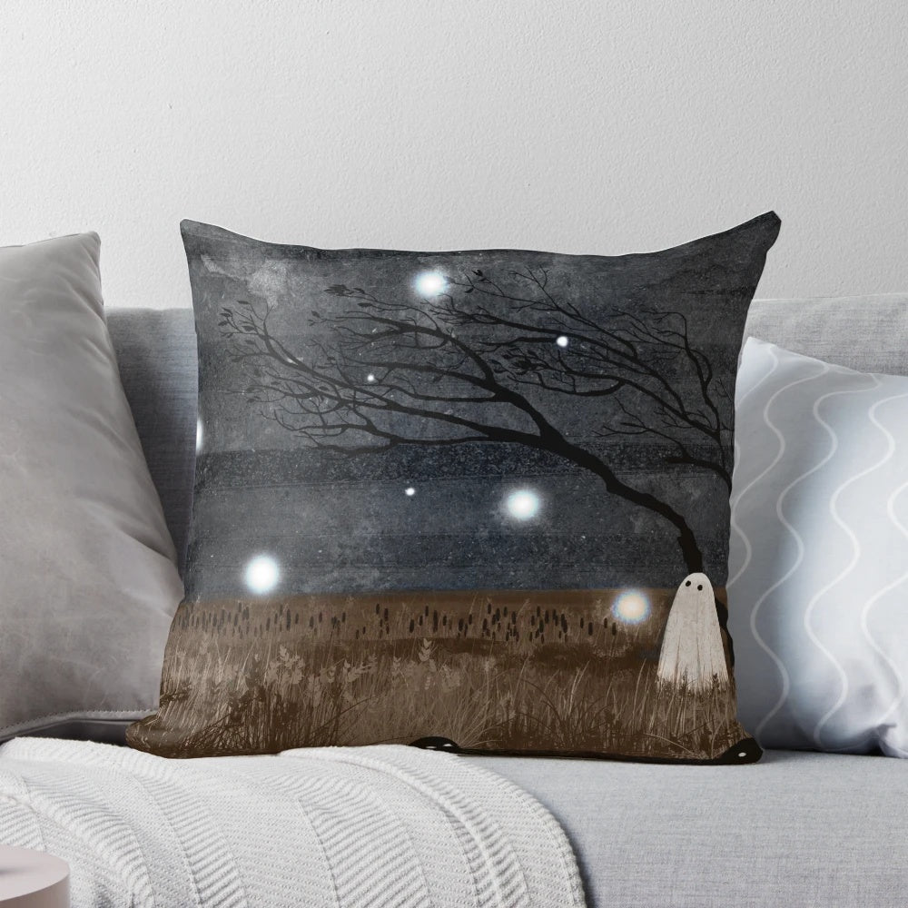 A mystical pillow featuring a ghost and wispy lights against a swampy, moonlit background
