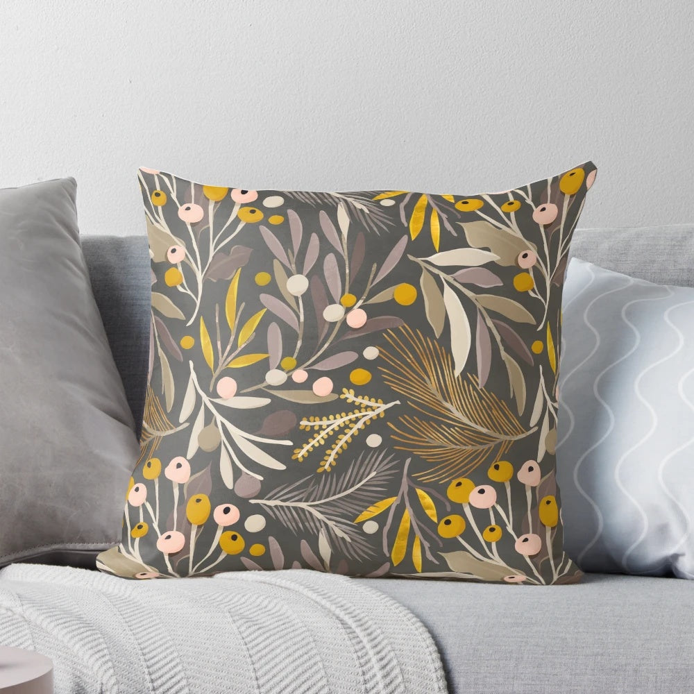 A beautifully crafted watercolor botanical pillow with delicate floral and leaf patterns, perfect for adding a touch of nature-inspired style to your living space.