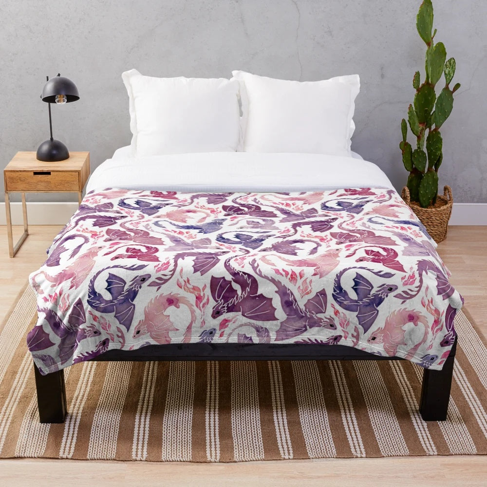 Watercolor dragon plush blanket with pink and purple flames