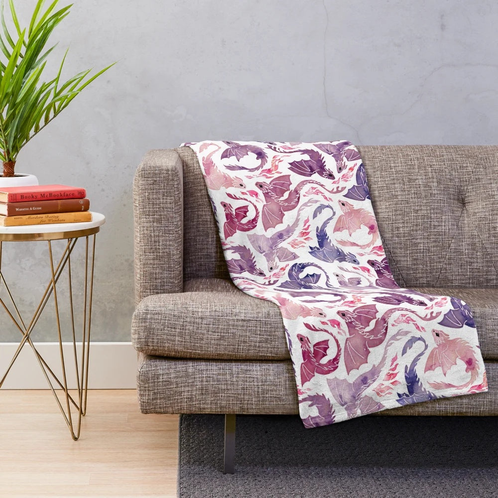 Watercolor dragon plush blanket with pink and purple flames