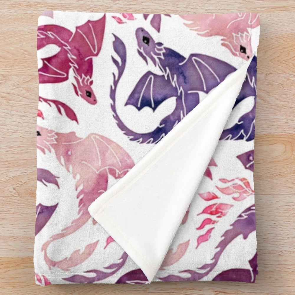 Watercolor dragon plush blanket with pink and purple flames