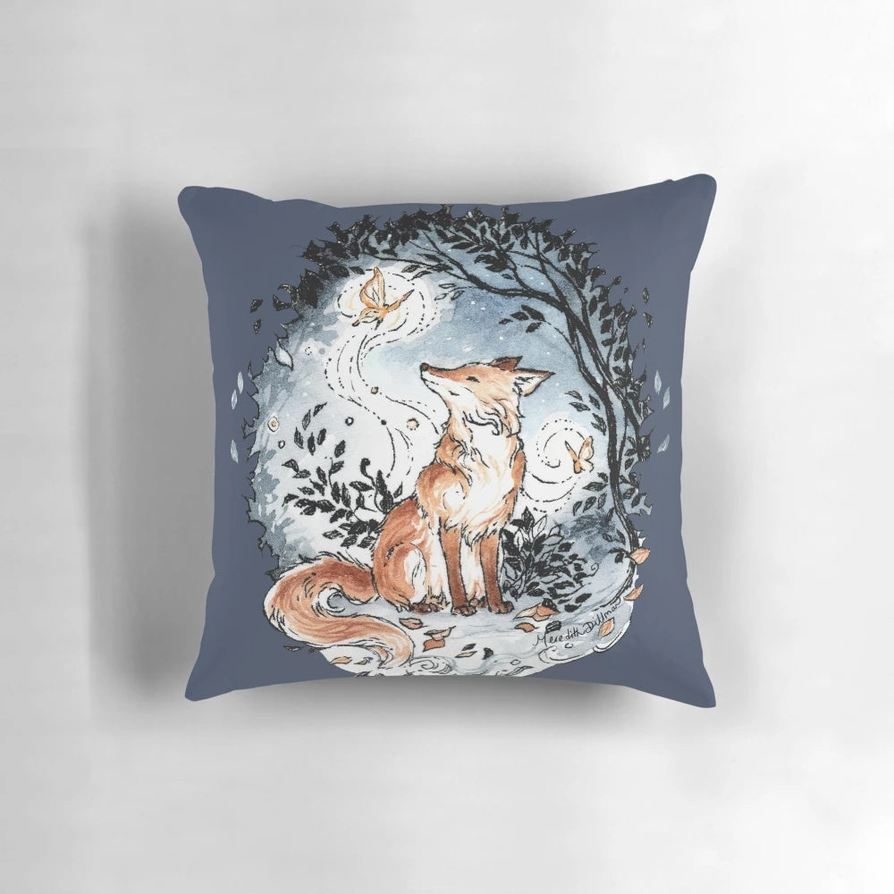 A beautiful watercolor painting of a fox and moth in a nighttime forest, printed on a soft and cozy pillow.
