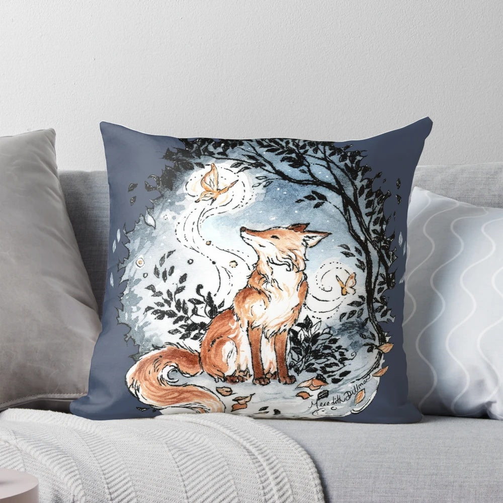 A beautiful watercolor painting of a fox and moth in a nighttime forest, printed on a soft and cozy pillow.