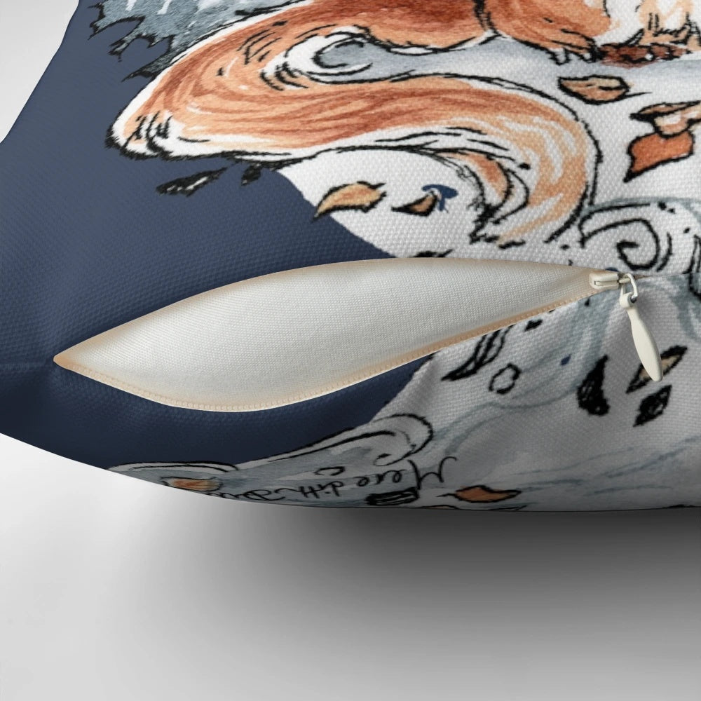 A beautiful watercolor painting of a fox and moth in a nighttime forest, printed on a soft and cozy pillow.