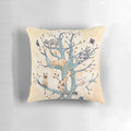 Vibrant watercolor illustration of cats playing and resting in a whimsical tree of life design, featured on a plush pillow.