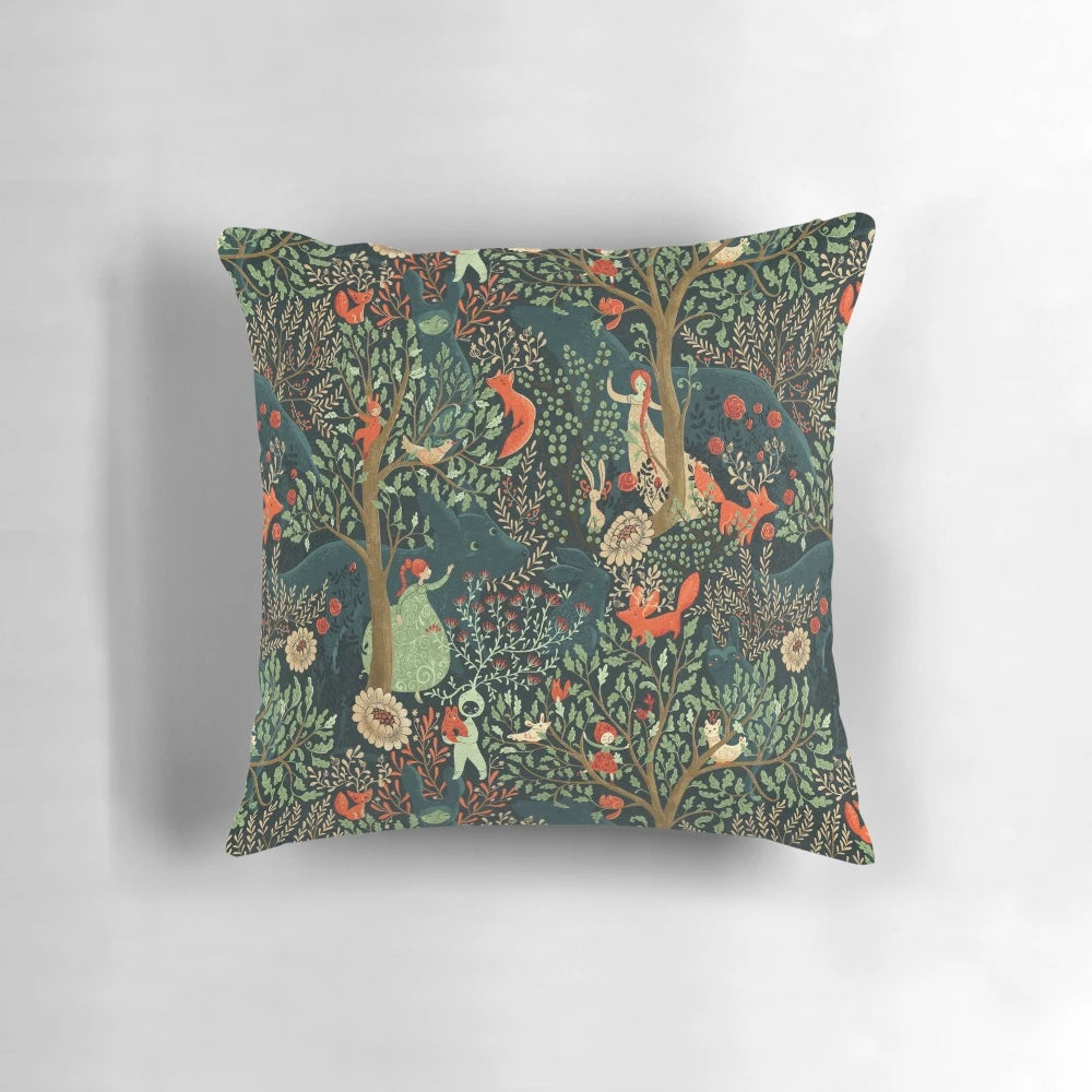 Whimsical throw pillow featuring a magical forest and floral pattern