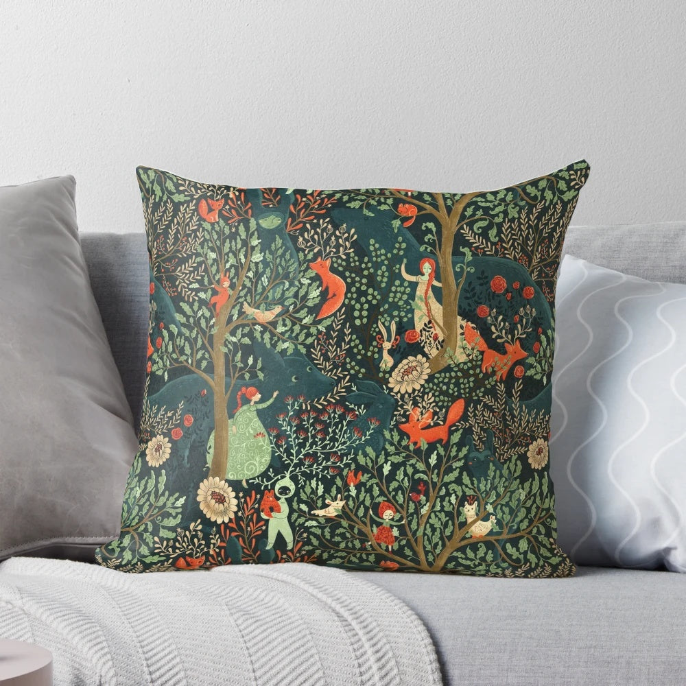 Whimsical throw pillow featuring a magical forest and floral pattern