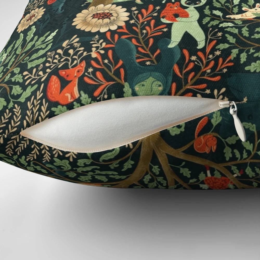 Whimsical throw pillow featuring a magical forest and floral pattern