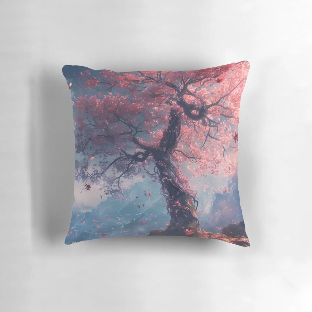 Whispering Sakura Pillow featuring a dreamlike landscape of cherry blossoms and mountains
