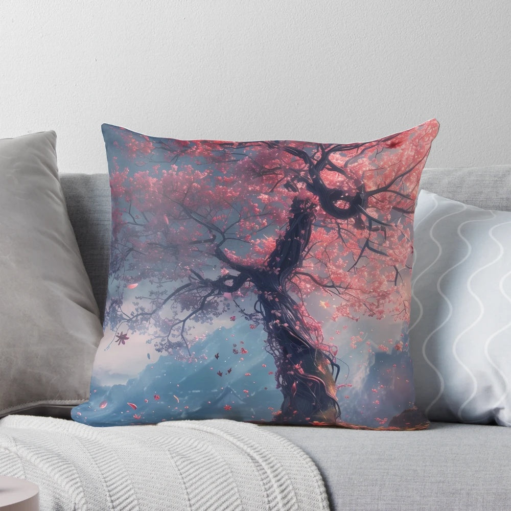 Whispering Sakura Pillow featuring a dreamlike landscape of cherry blossoms and mountains