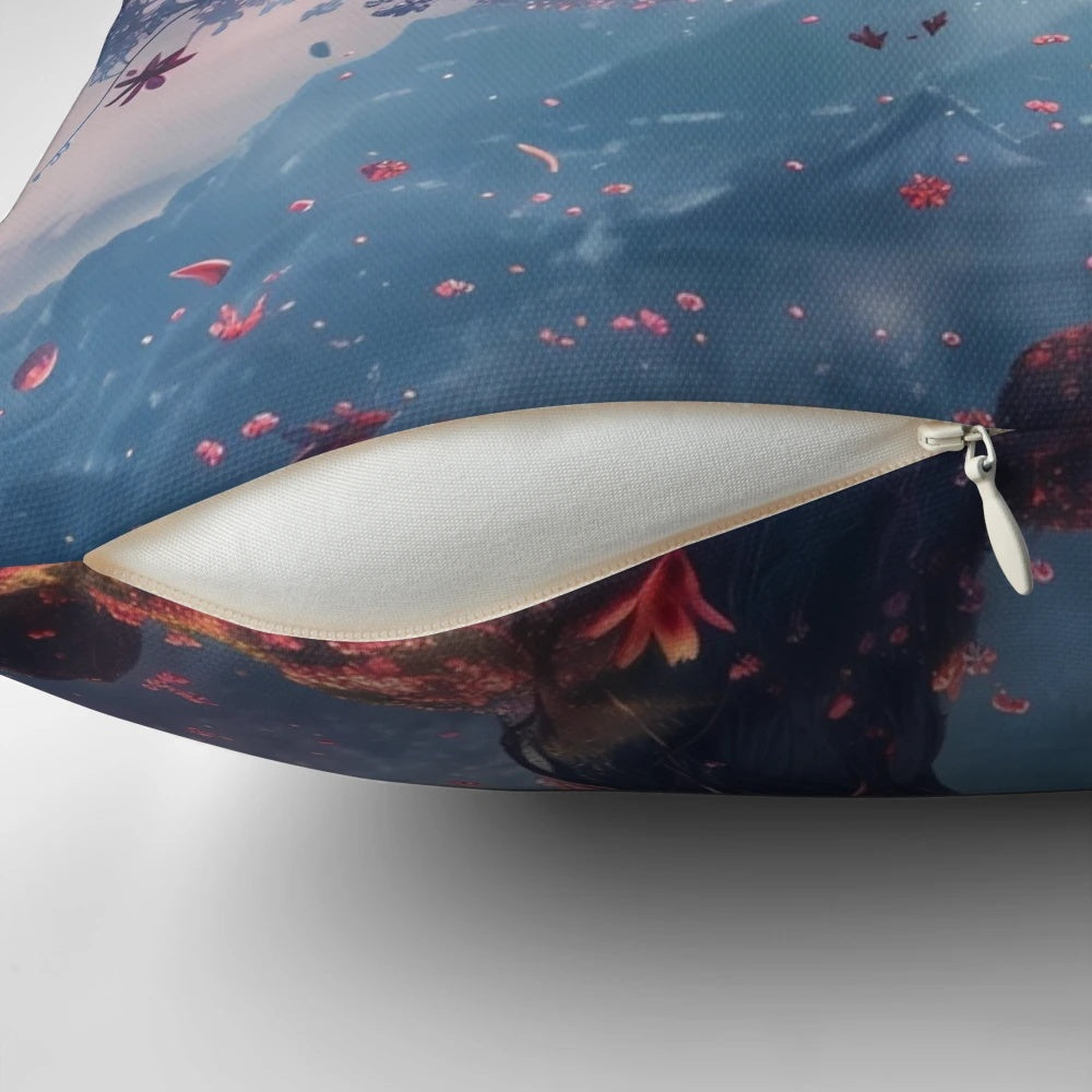 Whispering Sakura Pillow featuring a dreamlike landscape of cherry blossoms and mountains