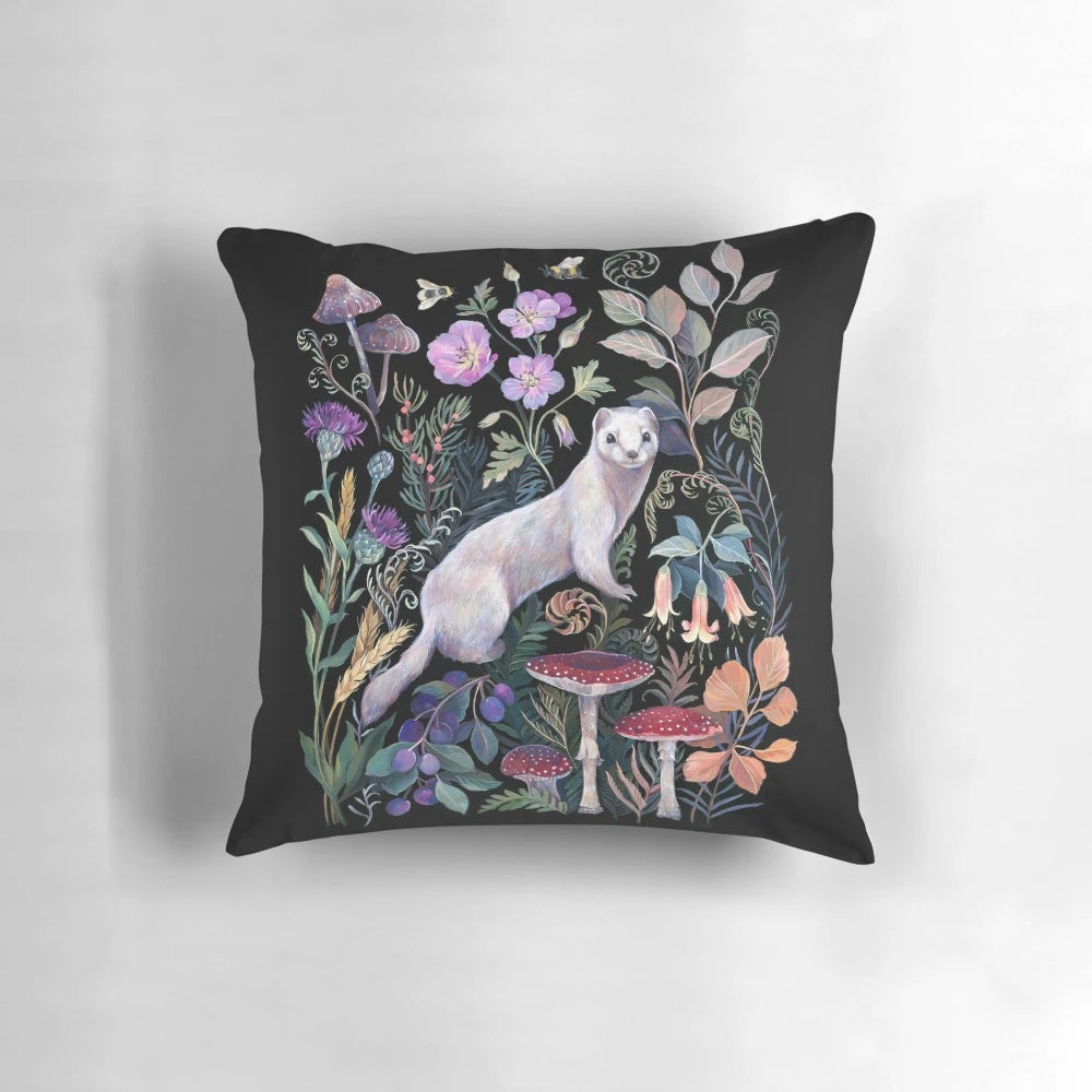 White Ermine Pillow featuring a whimsical, botanical design
