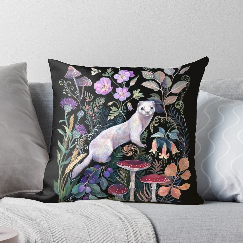 White Ermine Pillow featuring a whimsical, botanical design