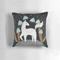 Whimsical illustration of a white fairy horse surrounded by blooming bluebells against a midnight backdrop.
