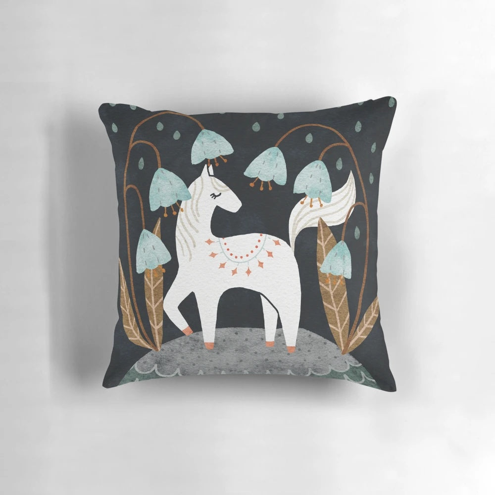 Whimsical illustration of a white fairy horse surrounded by blooming bluebells against a midnight backdrop.