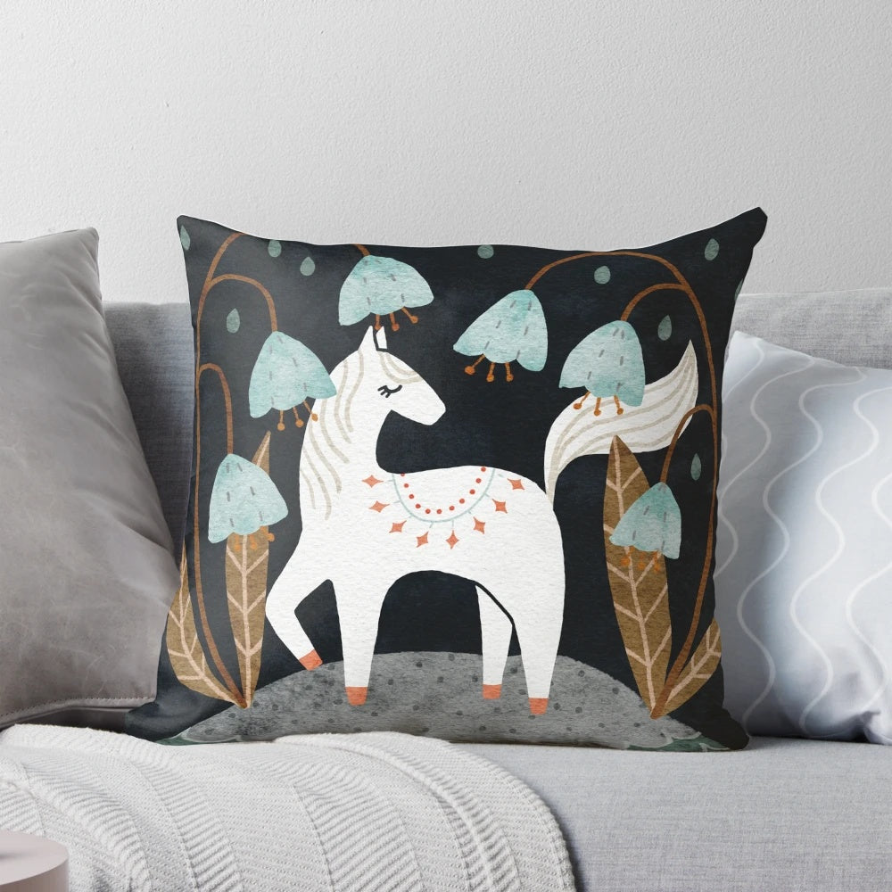 Whimsical illustration of a white fairy horse surrounded by blooming bluebells against a midnight backdrop.