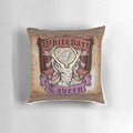 White Hart Tavern inspired throw pillow with dragon, boar's head, and medieval tavern elements