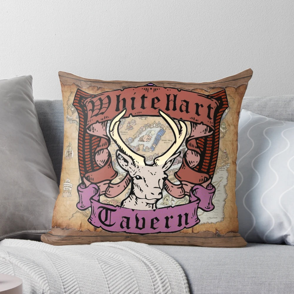 White Hart Tavern inspired throw pillow with dragon, boar's head, and medieval tavern elements