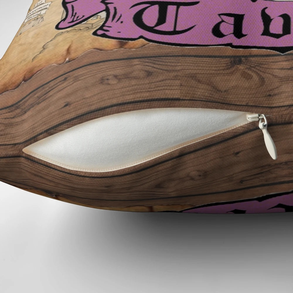 White Hart Tavern inspired throw pillow with dragon, boar's head, and medieval tavern elements