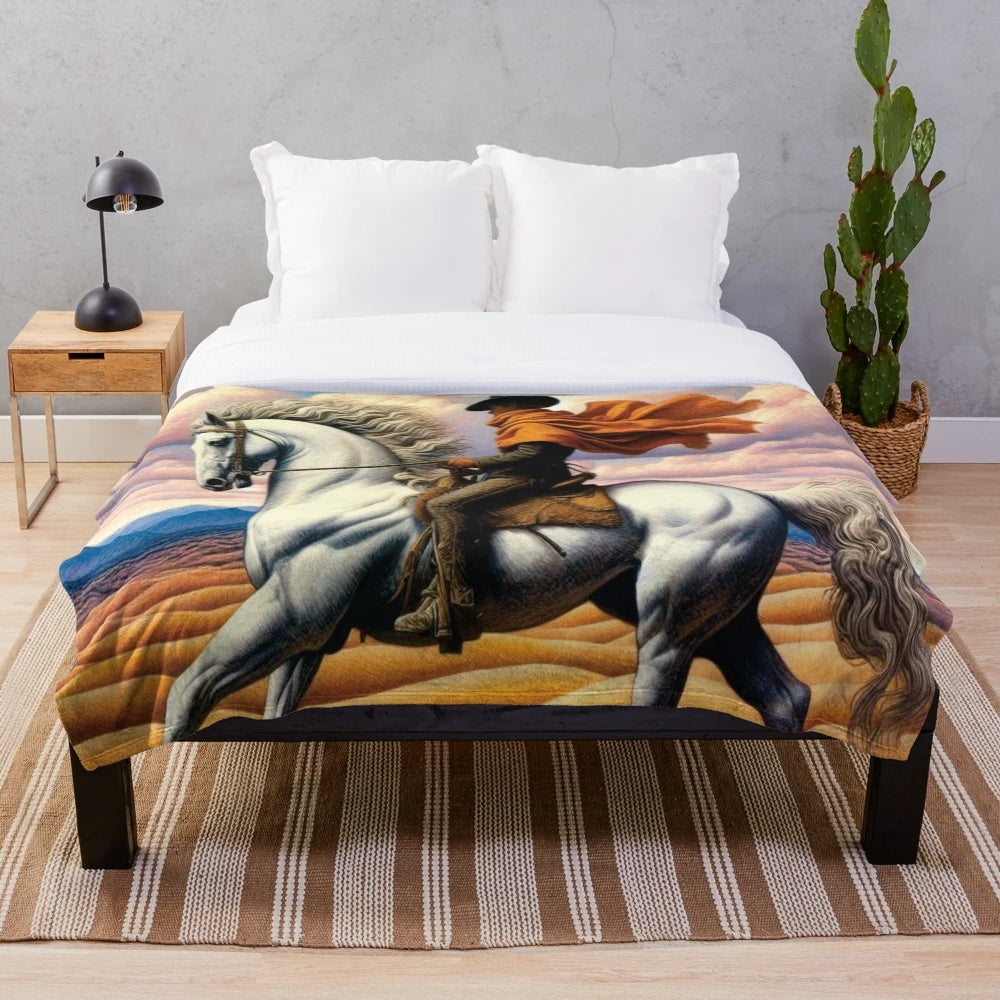 A beautifully detailed white horse plush blanket with surreal, colorful artwork
