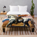 A beautifully detailed white horse plush blanket with surreal, colorful artwork