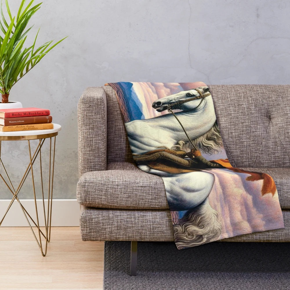 A beautifully detailed white horse plush blanket with surreal, colorful artwork