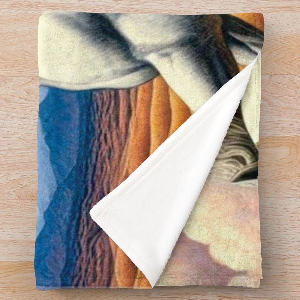 A beautifully detailed white horse plush blanket with surreal, colorful artwork