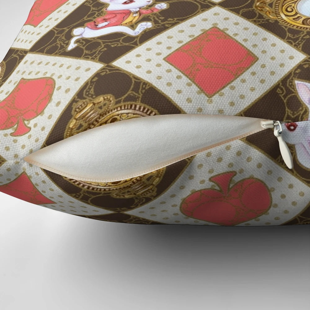 A soft, white rabbit-themed pillow with a whimsical, watercolor-style pattern of hearts, spades, and a pocket watch.
