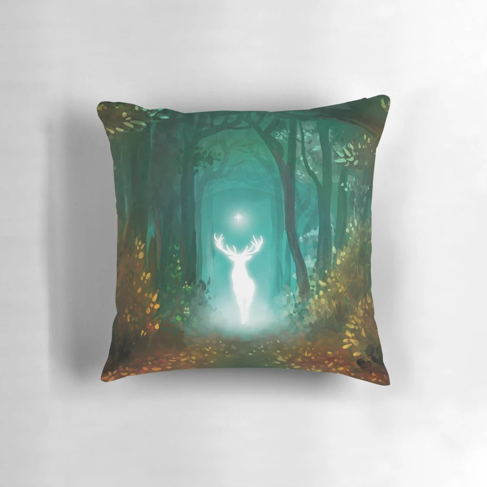 A beautiful, whimsical white stag pillow, perfect for creating a cozy, mystical ambiance in your home.