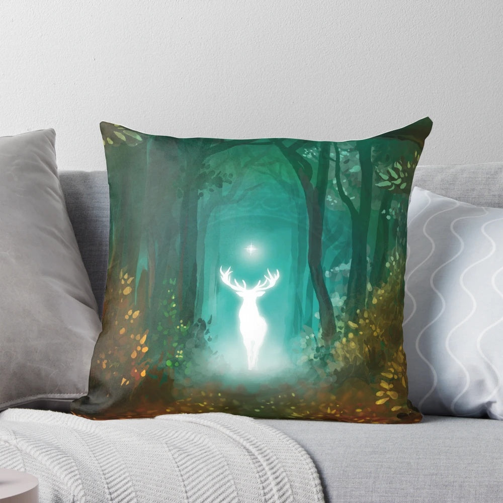 A beautiful, whimsical white stag pillow, perfect for creating a cozy, mystical ambiance in your home.