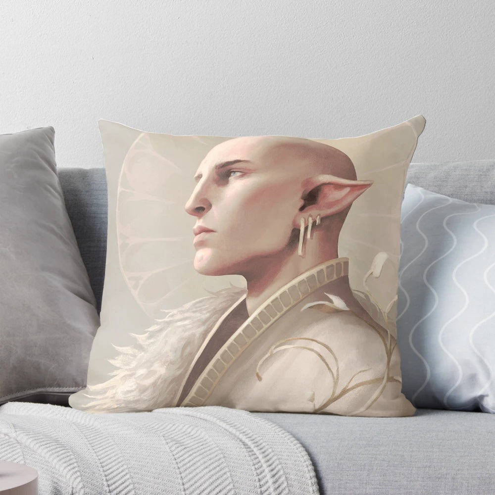 Soft and cozy white wolf-themed pillow, perfect for fans of the Dragon Age series.