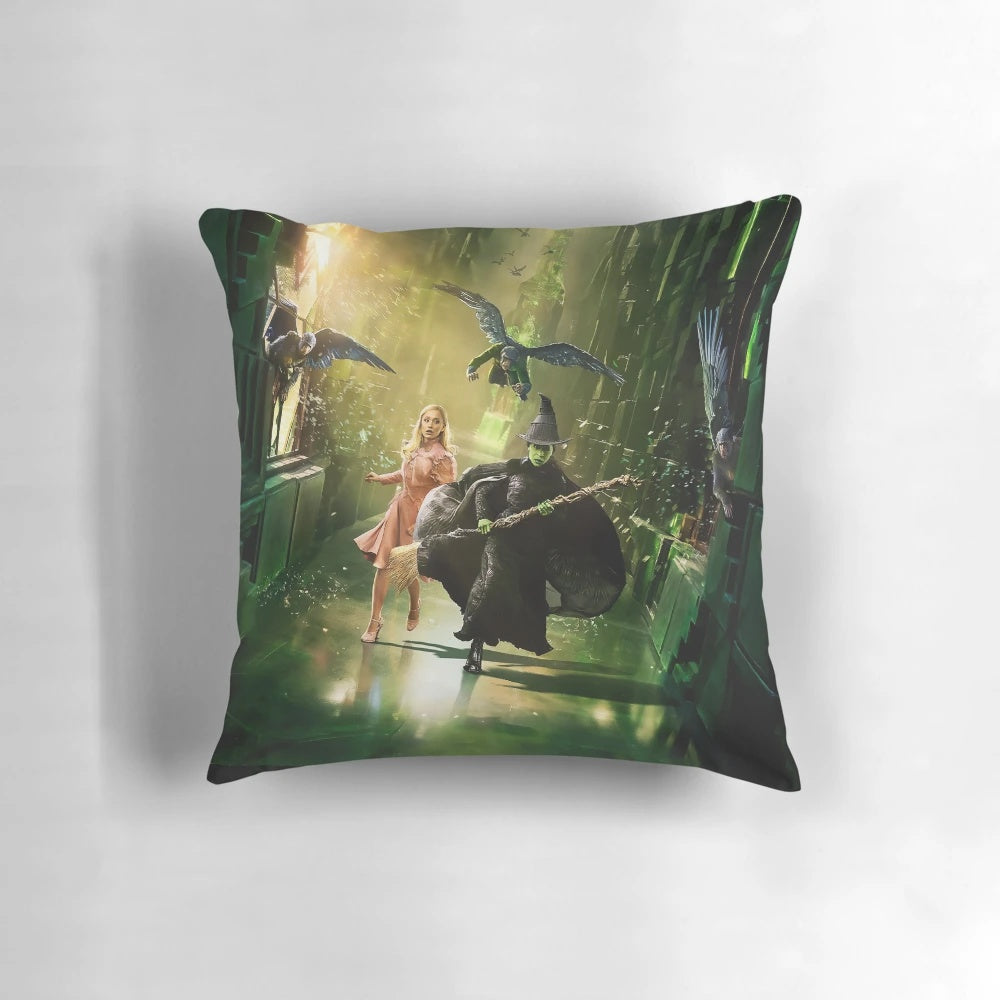 Plush "Wicked" musical themed pillow featuring Elphaba and Glinda designs