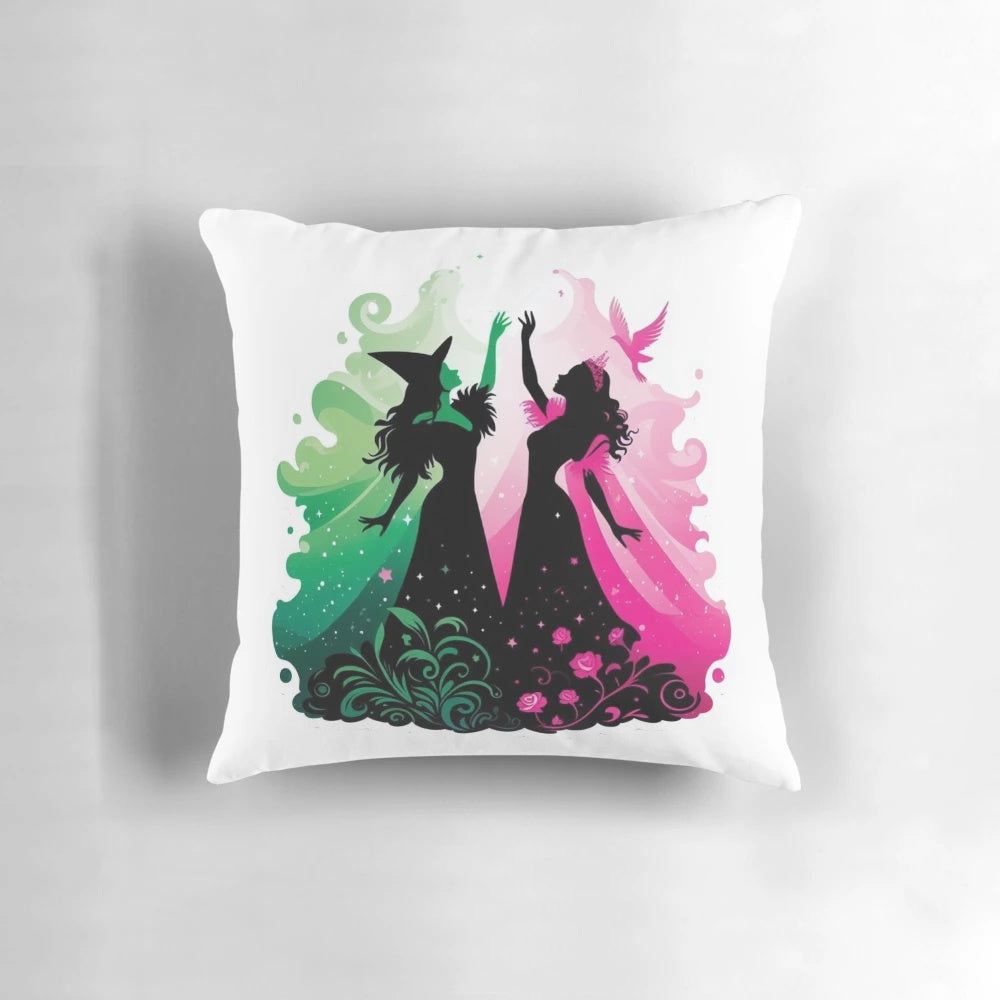 Wicked the Musical" themed decorative pillow showcasing the iconic characters Elphaba and Glinda
