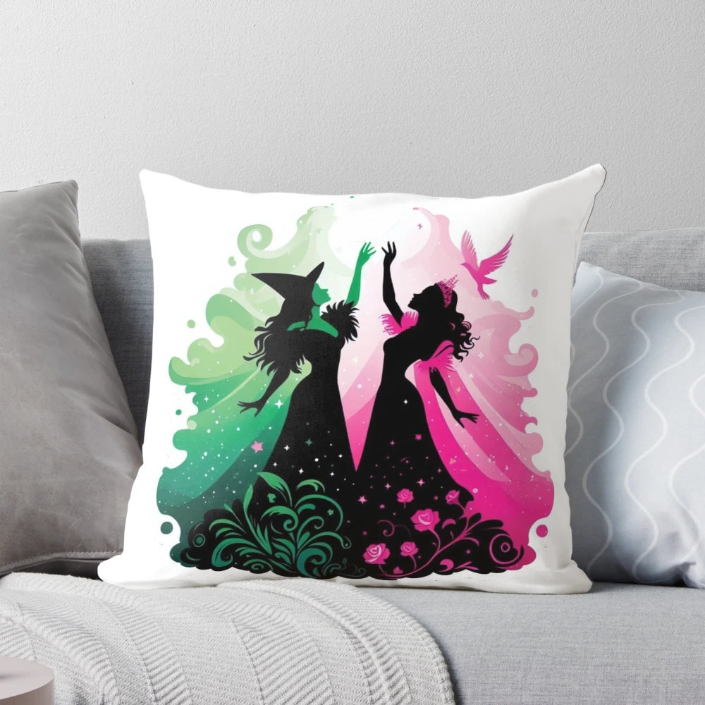 Wicked the Musical" themed decorative pillow showcasing the iconic characters Elphaba and Glinda