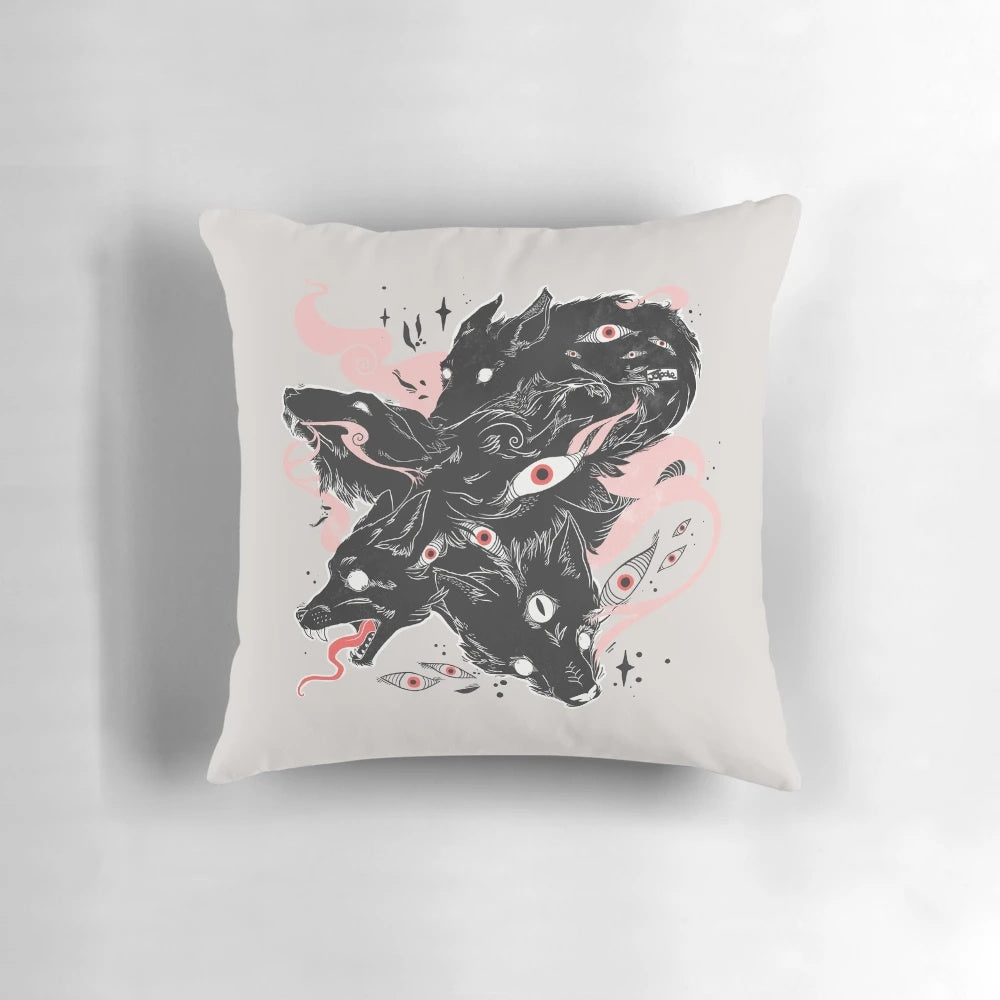 Enchanting pastel goth pillow featuring a captivating wild wolf design with multiple eyes.