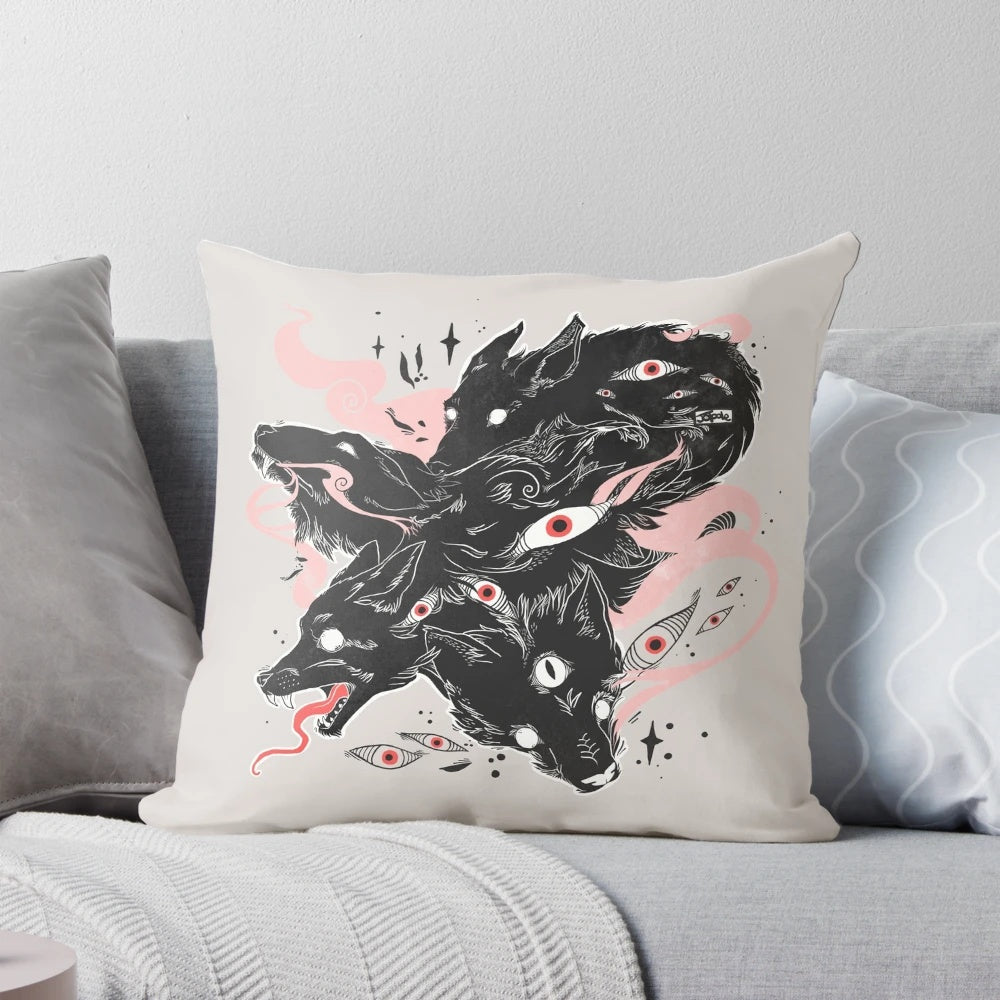 Enchanting pastel goth pillow featuring a captivating wild wolf design with multiple eyes.