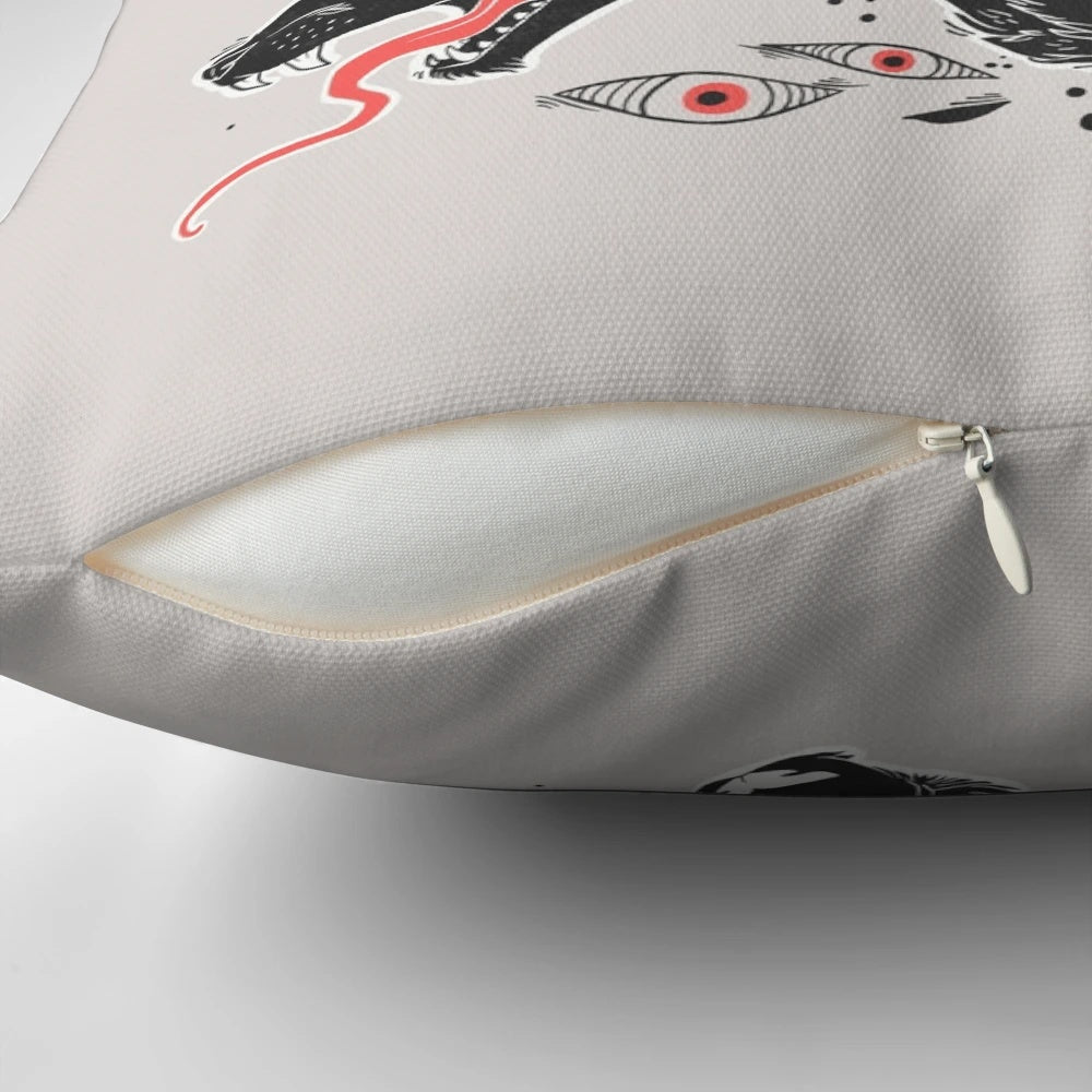 Enchanting pastel goth pillow featuring a captivating wild wolf design with multiple eyes.