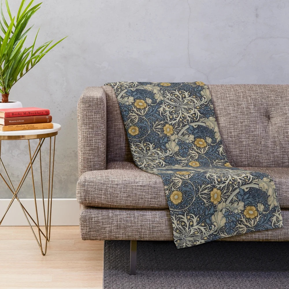 William Morris seaweed inspired plush blanket with nature-based artwork